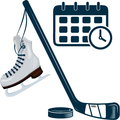 blue calendar with Hockey stick, ice skate & puck